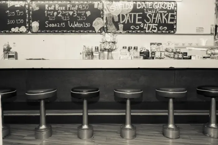 Framed Print : Black and white picture of diner interior, Palm Springs, California, USA Framed Print : Black and white picture of diner interior, Palm Springs, California, USA