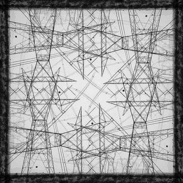 Black and white of power lines and towers abstract