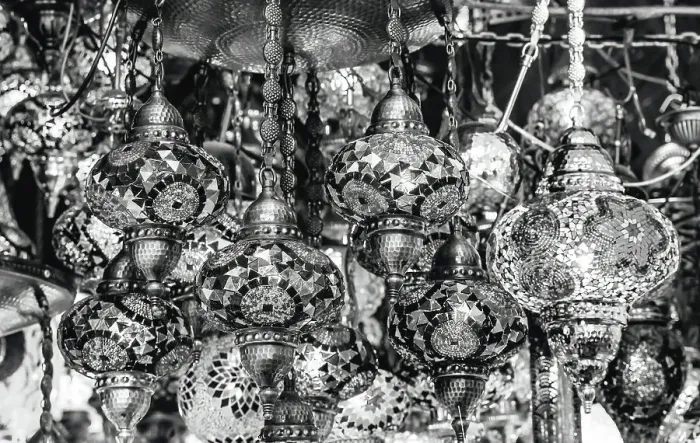 Framed Print : Black and white Turkish traditional lamps, Grand Bazaar, Istanbul, Turkey. Traditional mosaic lamps were in Turkish mosques and tombs. Light represents divine presence and light of Koran