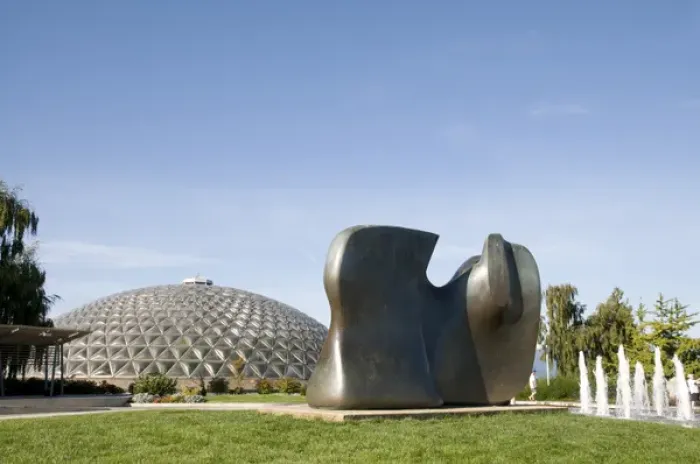 Framed Print : Bloedel Conservatory and Knife Edge sculpture by Henry Moore in Queen Elizabeth Park