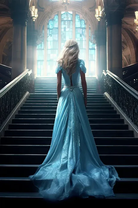 Framed Print : Back of blonde female model in blue dress on stairway. ©Jim Zuckerman  /  Jaynes Gallery  /  DanitaDelimont.com (AI)