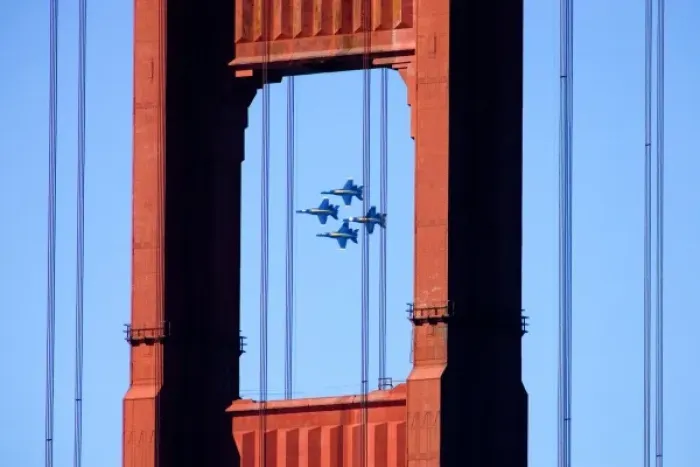 Framed Print : Blue Angels As Seen In Flight Through the Golden Gate Bridge