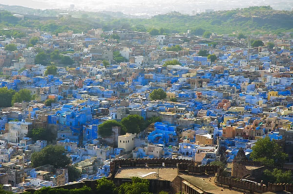 Blue city of Brahmpur as seen from Mehrangarh Fort, Jodhpur, Rajasthan, India