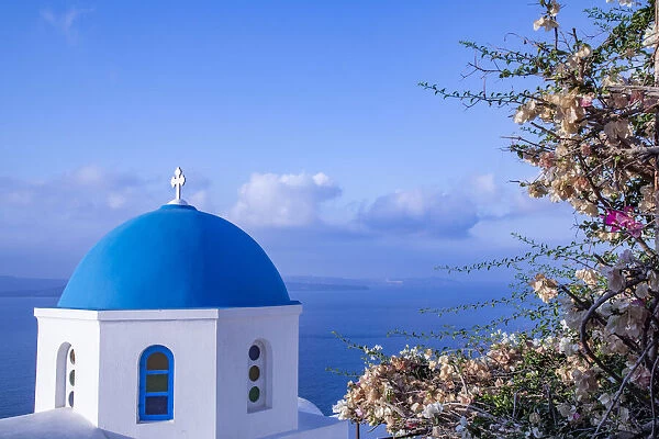 Blue domed Greek Orthodox church with bougainvillea flowers in Oia, Santorini, Greece
