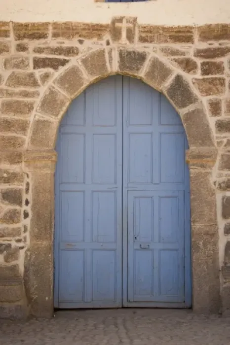 Framed Print : Blue door in church, Raqchi (near Cuzco), Peru