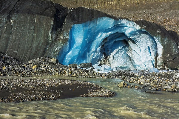 Blue ice and meltwater at the toe of the Athabasca Glacier, Jasper National Park, Alberta