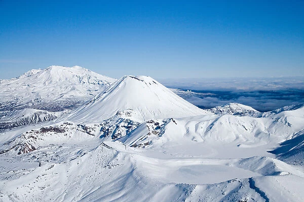 Blue Lake (frozen), Mt Tongariro (right), Mt Ngauruhoe (middle), and Mt Ruapehu (far left)