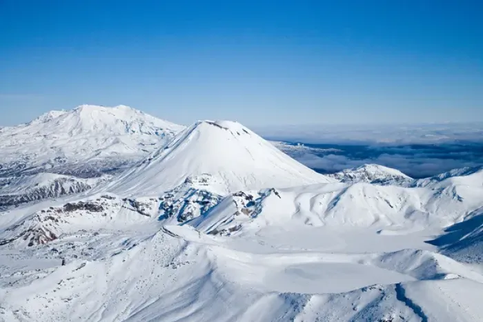Framed Print : Blue Lake (frozen), Mt Tongariro (right), Mt Ngauruhoe (middle), and Mt Ruapehu (far left)
