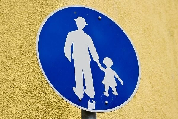Blue sign of man and child walking, Budapest, Hungary, Europe