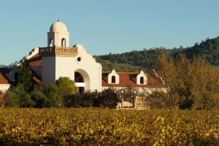 Framed Print : Blue sky and fall colors on the vines surround Groth Vineyards & Winery on Oakville