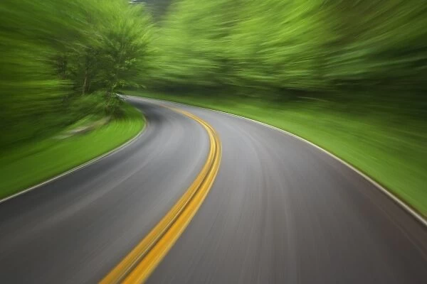 Blurred motion view of U. S. 441 through the Great Smokies National Park, from a moving automobile