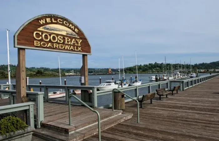 Framed Print : Boardwalk and Harbor in Coos Bay Oregon on Oregon coast Framed Print : Boardwalk and Harbor in Coos Bay Oregon on Oregon coast