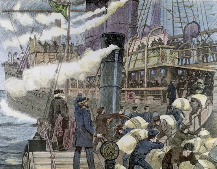 Framed Print : Boat carrying goods in the port of London. 19th century colored engraving
