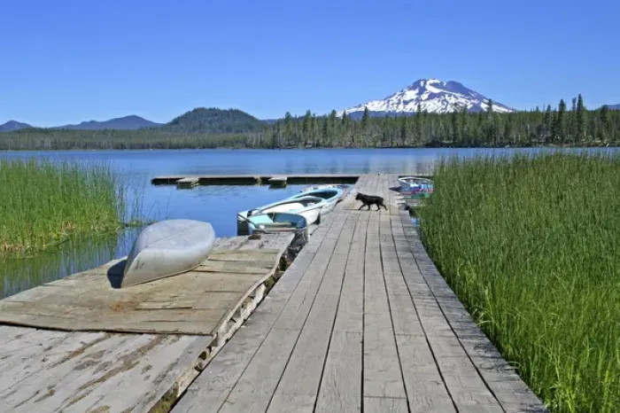 Framed Print : Boat docks at Lava Lake Resort Sister Mountain on Cascade Lakes National Scenic Byway