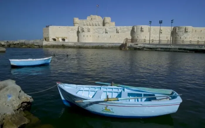 Framed Print : Boat and Fort Qu it Bey along the Mediterranean Alexandria, Egypt
