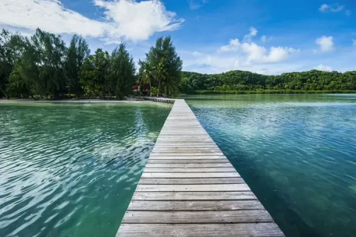 Framed Print : Boat pier on Carp island, one of the Rock islands, Palau, Central Pacific