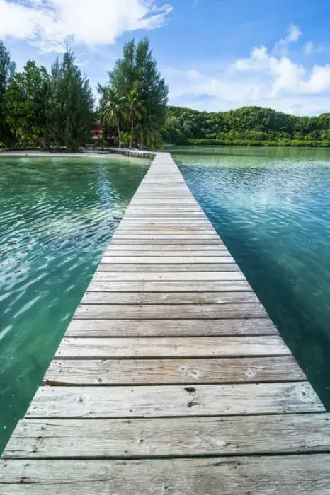 Framed Print : Boat pier on Carp island, one of the Rock islands, Palau, Central Pacific