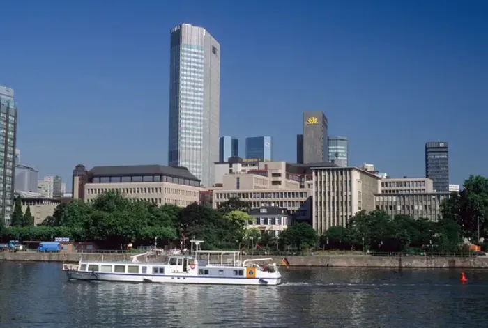 Framed Print : A boat travels on the Main River in Frankfurt, Germany. germany, german, europe