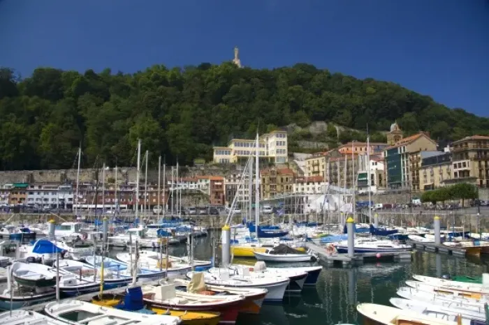Framed Print : Boats docked at the city of Donostia-San Sebastian, Guipuzcoa, Basque Country, Northern Spain