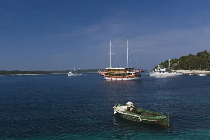 Framed Print : Boats docked in harbor, Hvar Island, Croatia