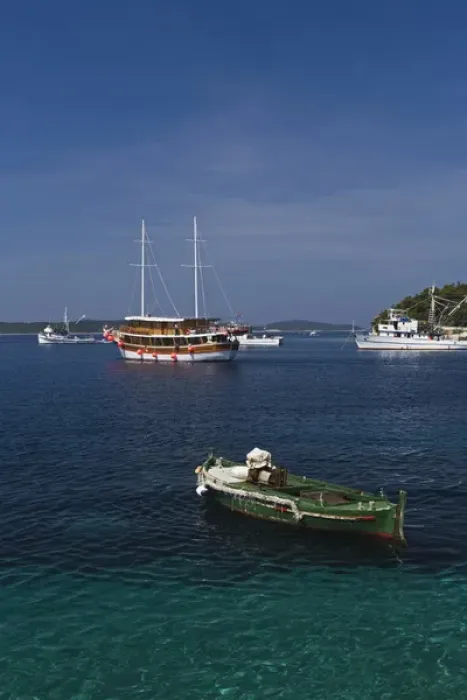 Framed Print : Boats docked in harbor, Hvar Island, Croatia