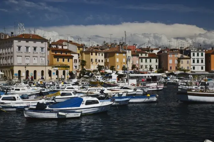 Framed Print : Boats docked in the harbor at Rovigno, Croatia