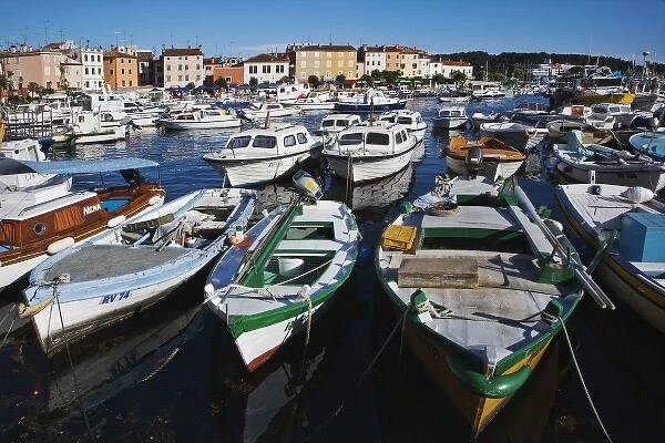 Boats docked in harbor, Rovigno, Croatia