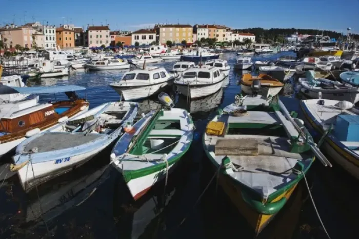 Framed Print : Boats docked in harbor, Rovigno, Croatia Framed Print : Boats docked in harbor, Rovigno, Croatia
