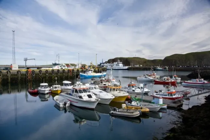 Framed Print : Boats in the harbor at Stykkisholmur on the Snaefellsness peninsula in western Iceland