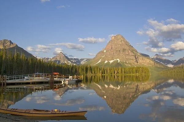 Boats and kayak along Two Medicine Lake in Glacier National Park in Montana