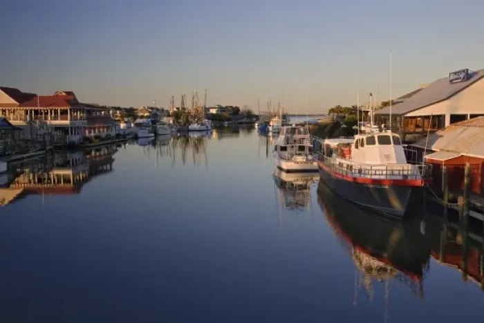 Framed Print : Boats and restaurants reflecting along Shem Creek at sunrise, Mt. Pleasant, South