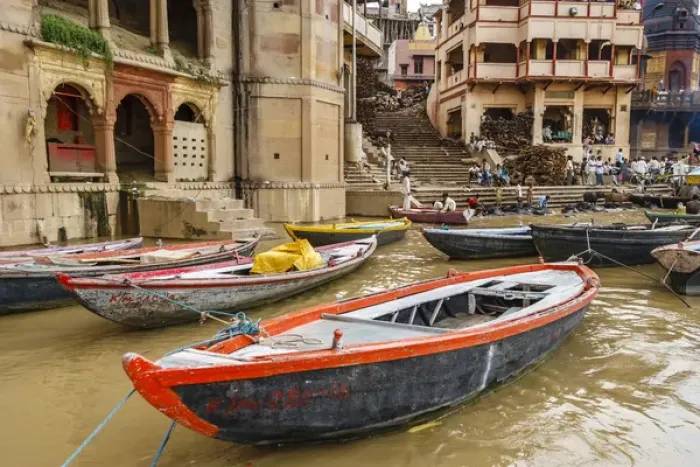 Framed Print : Boats on river Ganges, Varanasi, India