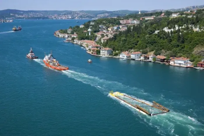 Framed Print : Boats towing a module of a natural gas platform through the Bosphorus, aerial, Istanbul Framed Print : Boats towing a module of a natural gas platform through the Bosphorus, aerial, Istanbul