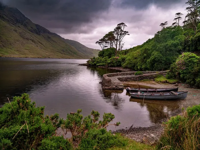 Framed Print : Boats wait for passengers at Doo Lough, part of a national park in County Mayo, Ireland Framed Print : Boats wait for passengers at Doo Lough, part of a national park in County Mayo, Ireland