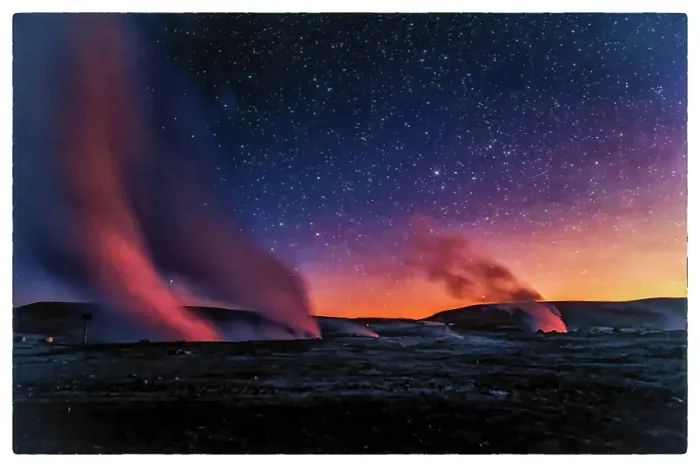 Framed Print : Bolivia. Landscape view of geyser fields in Bolivia's Sol de Manana with Milky Way above Framed Print : Bolivia. Landscape view of geyser fields in Bolivia's Sol de Manana with Milky Way above