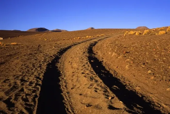 Framed Print : Bolivia, Uyuni, Tire tracks lead off into the desert on the Southwest Circuit Tour Framed Print : Bolivia, Uyuni, Tire tracks lead off into the desert on the Southwest Circuit Tour