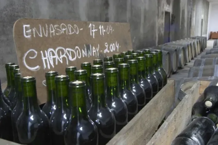 Framed Print : Bottles of Chardonnay 2004 standing in wooden crates. Bodega Plaza Vidiella Winery