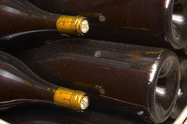 Bottles lying down with corks stamped with the vintage 2003. Domaine Eric et Joel Joel Durand