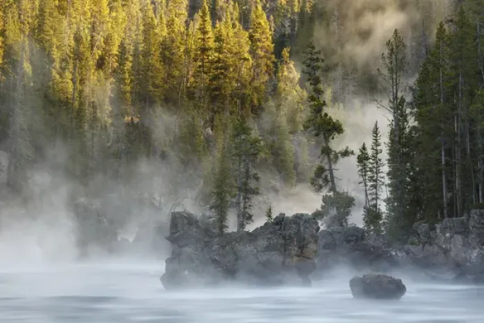 Framed Print : Boulders and trees in steaming Yellowstone River at sunrise, Yellowstone National Park