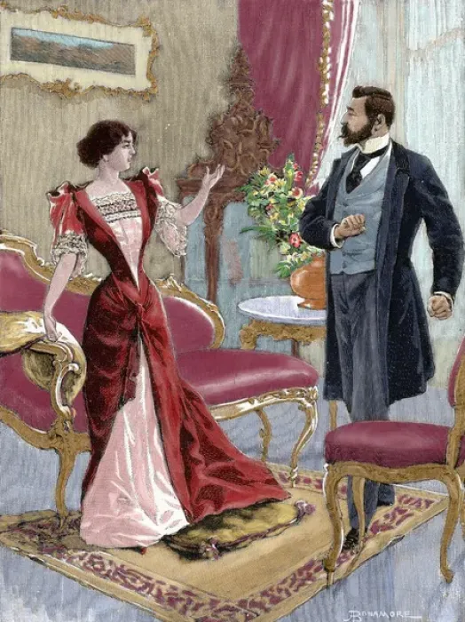 Framed Print : Bourgeoisie. Gentleman with a lady in the living room. Colored engraving. 1897 Framed Print : Bourgeoisie. Gentleman with a lady in the living room. Colored engraving. 1897