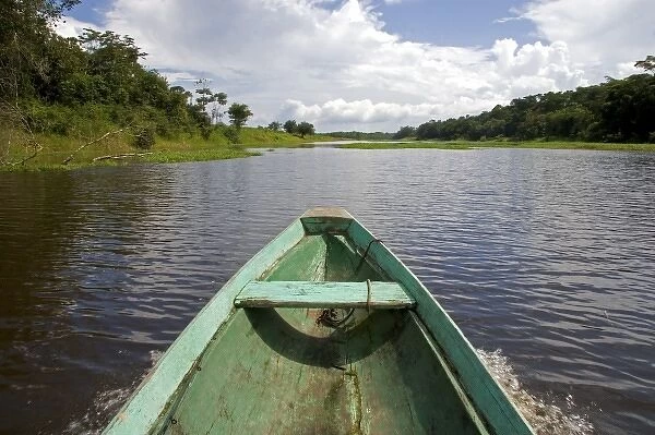The bow of a dugout canoe on the Arasa River in the Amazon jungle near Manaus, Brazil