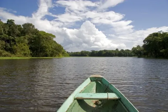 Framed Print : The bow of a dugout canoe on the Arasa River in the Amazon jungle near Manaus, Brazil