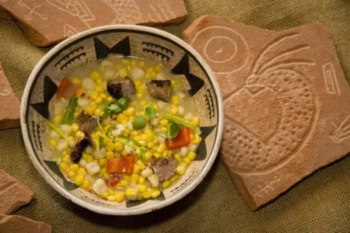 Framed Print : Bowl of Zuni corn soup made with ingredients of corn, posole, goat meat, chili pepper Framed Print : Bowl of Zuni corn soup made with ingredients of corn, posole, goat meat, chili pepper
