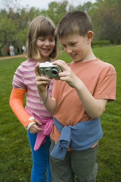 Boy and girl with digital camera at Monticello, home of U. S. President Thomas Jefferson