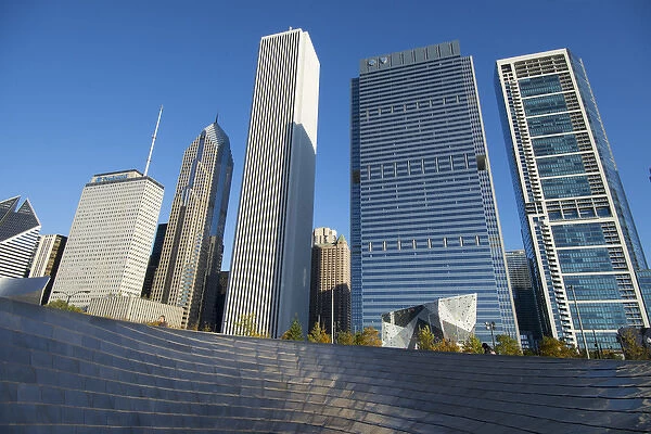 BP Bridge in Millennium Park in Chicago, early morning in autumn, with skyline