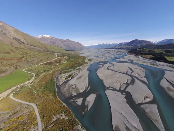Framed Print : Braided streams of the Rakaia River, and Double Hill Run Road, Canterbury, South Island Framed Print : Braided streams of the Rakaia River, and Double Hill Run Road, Canterbury, South Island