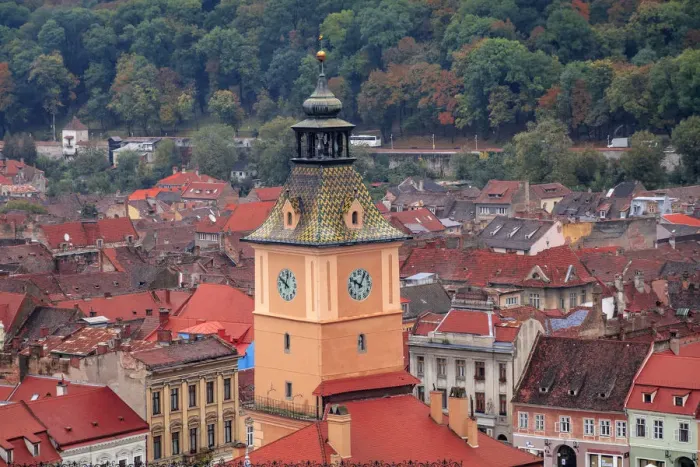 Framed Print : Brasov, Romania. Rooftops and city from hilltop. Clock tower Framed Print : Brasov, Romania. Rooftops and city from hilltop. Clock tower
