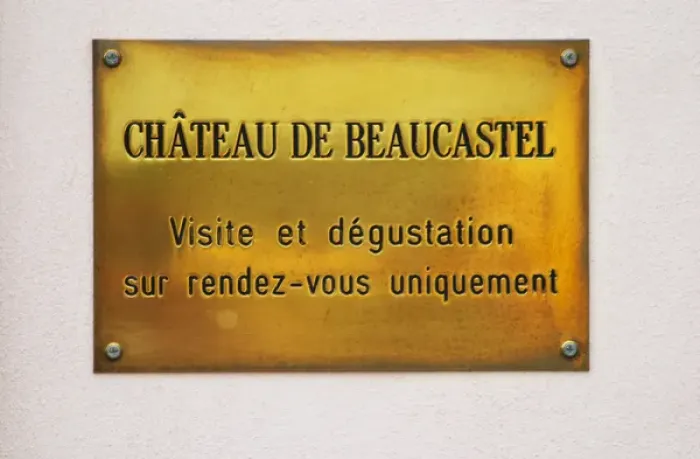 Framed Print : Brass plate at the entrance - visits and tastings on appointment only. Chateau de Beaucastel Framed Print : Brass plate at the entrance - visits and tastings on appointment only. Chateau de Beaucastel