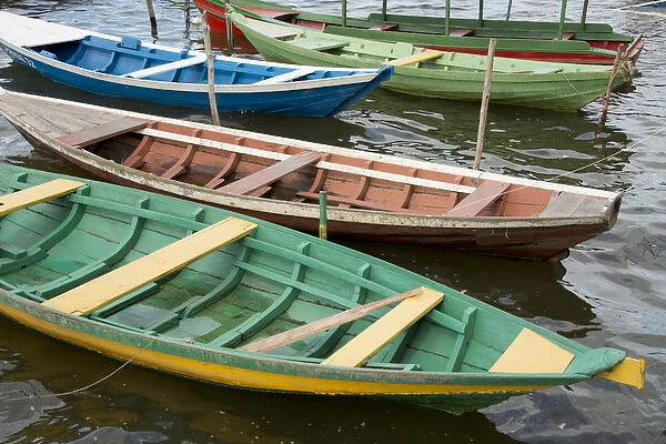 Brazil, Amazon, Alter Do Chao. Colorful local wooden fishing boats