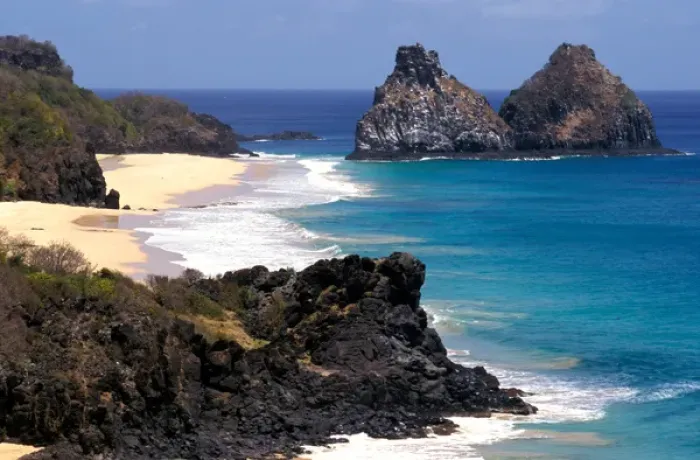 Framed Print : Brazil, Fernando de Noronha, Praia do Quixaba and Ilha dois Irmaos
